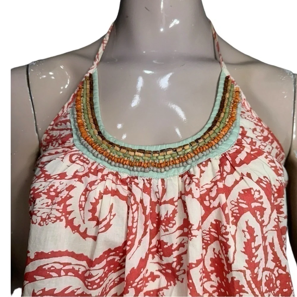 Fourtys Anthropologie S Red White Paisley Print Wooden Bead Neckline Halter Top